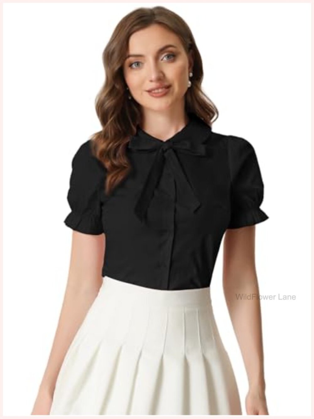 Vintage Cotton Peter Pan Collar Tie Neck Button-Up Puff Sleeve Blouse